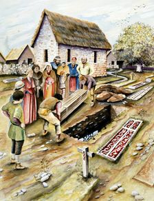Viking burial in a churchyard, York, Yorkshire, 10th century (c2000?). Artist: Chris Evans