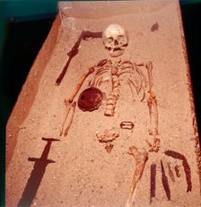 Viking Burial of Man with Axe, Spear, Sword , Knives, Shield and Belt Buckle, 9th-10th century