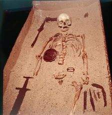 Viking Burial of Man with Axe, Spear, Sword , Knives, Shield and Belt Buckle, 9th-10th century