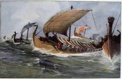 Viking longships under sail. Artist: Albert Sebille