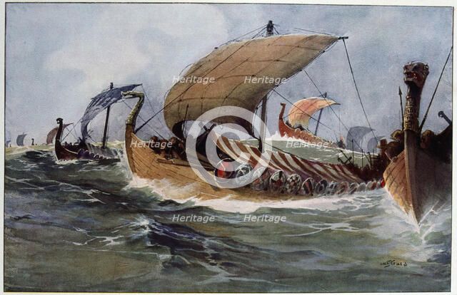 Viking longships under sail. Artist: Albert Sebille