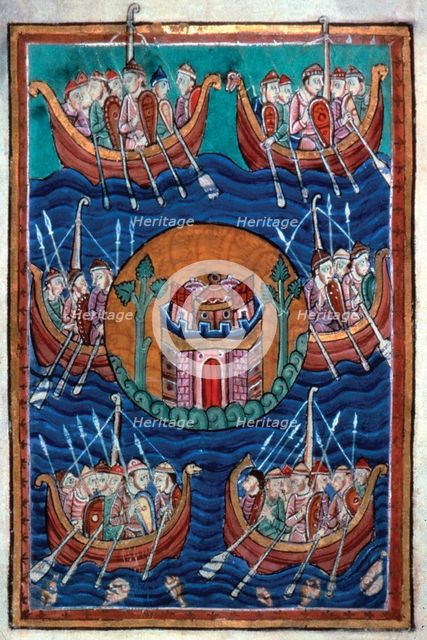 Viking ships arriving in Britain, ca 1130. Artist: Abbo of Fleury (c. 945-1004)