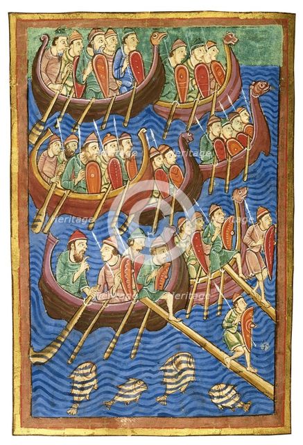 Viking ships arriving in Britain, ca 1130. Artist: Abbo of Fleury (c. 945-1004)