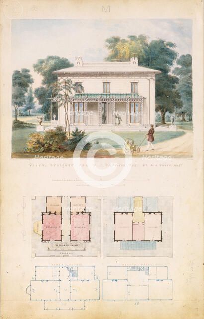 Villa for David Codwise, near New Rochelle, NY (project; elevation and four plans), 1835. Creator: Alexander Jackson Davis.
