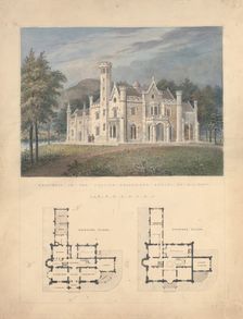 Villa for Robert Donaldson, Fishkill Landing, New York (perspective and plans), 1834. Creator: Alexander Jackson Davis