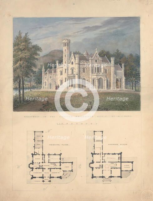 Villa for Robert Donaldson, Fishkill Landing, New York (perspective and plans), 1834. Creator: Alexander Jackson Davis.