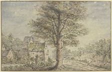 Village view, in the middle a tree. Creator: Lucas van Uden