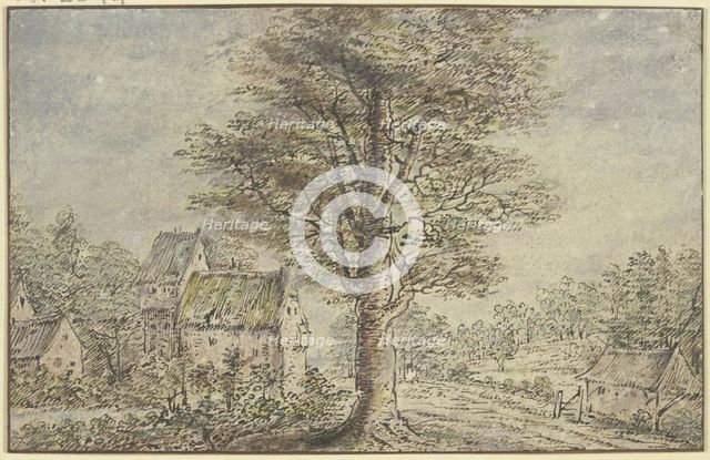 Village view, in the middle a tree. Creator: Lucas van Uden.