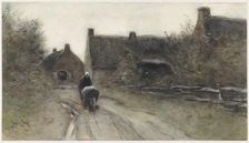 Village view with woman pushing wheelbarrow, 1864-1892. Creator: Johannes Cornelis van Essen