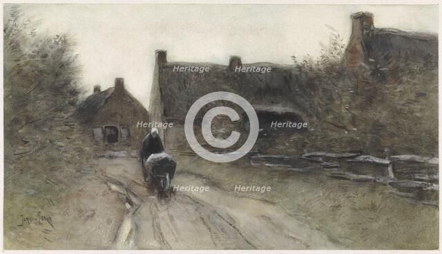 Village view with woman pushing wheelbarrow, 1864-1892. Creator: Johannes Cornelis van Essen.