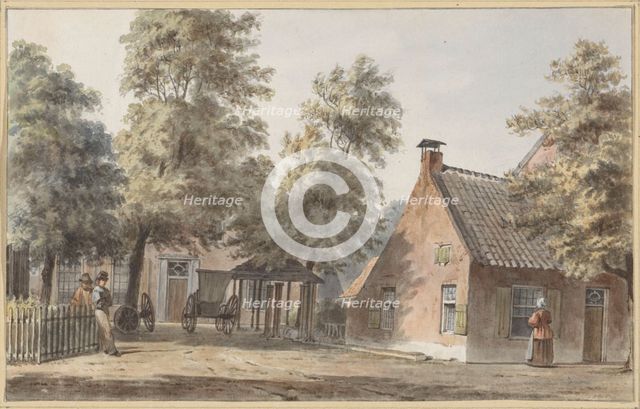 Village view with two men leaning against a fence on the left, 1820-1872. Creator: Hendrik Abraham Klinkhamer.