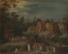 Village with a Puppeteer Entertaining a Small Crowd, c.1650-c.1660. Creator: Peeter Gysels