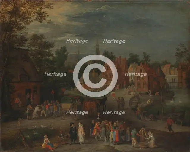 Village with a Puppeteer Entertaining a Small Crowd, c.1650-c.1660. Creator: Peeter Gysels.