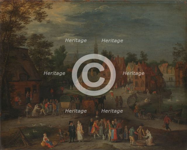 Village with a Puppeteer Entertaining a Small Crowd, c.1650-c.1660. Creator: Peeter Gysels.