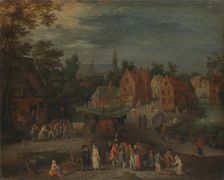 Village with a Puppeteer Entertaining a Small Crowd, c.1650-c.1660. Creator: Peeter Gysels