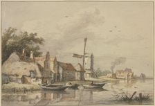 Village with a windmill by the water. Creator: Jan Hulswit