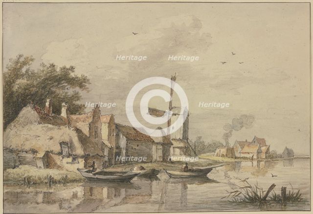 Village with a windmill by the water. Creator: Jan Hulswit.