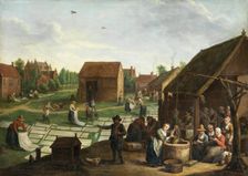 Village women spread laundry out on the grass to dry and bleach. Creator: Jan Josef Horemans II