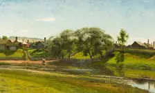 Village and River (Lillån), Orsa, c19th century. Creator: Olof Per Ulrik Arborelius