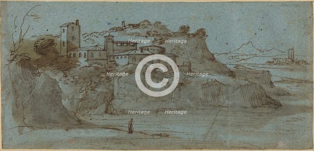 Village atop a River Cliff [recto]. Creator: Master of the Blue Landscapes.