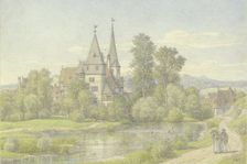 Village by a body of water, surrounded by trees, in the middle a castle-like building and..., 1870. Creator: Peter Becker