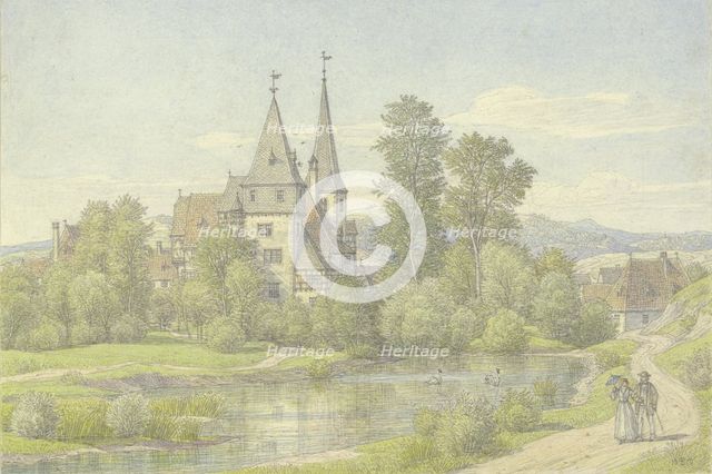 Village by a body of water, surrounded by trees, in the middle a castle-like building and..., 1870. Creator: Peter Becker.