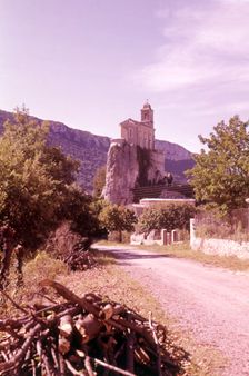 Village church perched on rock, Pierrelongue, France, c1955. Creator: Arthur Charles Kirby Ware