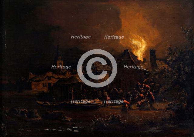 Village Fire by Night, 1654-1664. Creator: Egbert van der Poel.