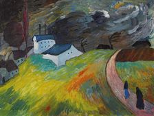 Village landscape with two women returning home, c1917. Creator: Werefkin; Marianne; von (1860-1938)