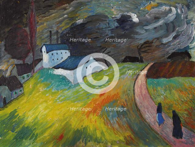 Village landscape with two women returning home, c1917. Creator: Werefkin; Marianne; von (1860-1938).