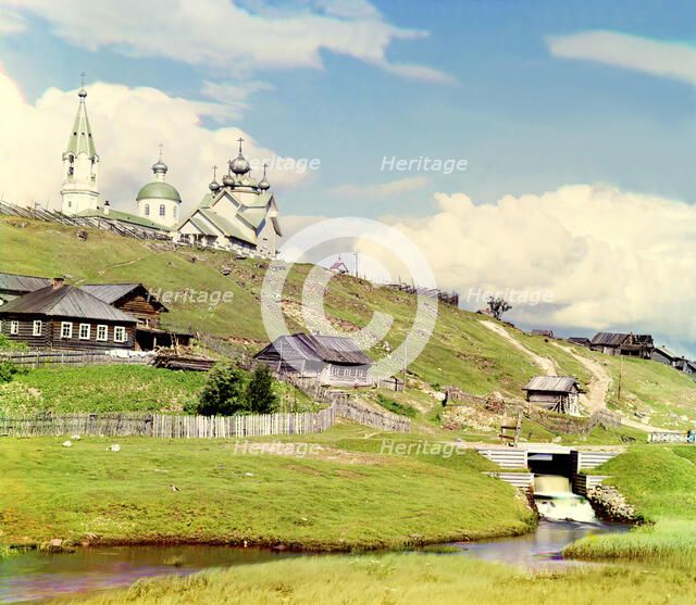 Village of Deviatiny and the Saint Boris dam [Russian Empire], 1909. Creator: Sergey Mikhaylovich Prokudin-Gorsky.