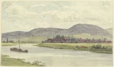 Village on a river with mountains in the middle ground, 19th century. Creator: Karl Peter Burnitz