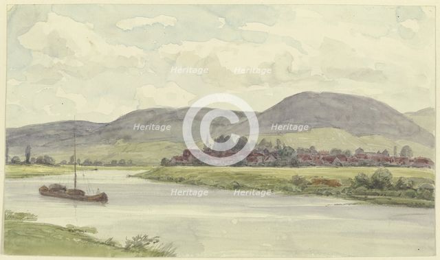 Village on a river with mountains in the middle ground, 19th century. Creator: Karl Peter Burnitz.