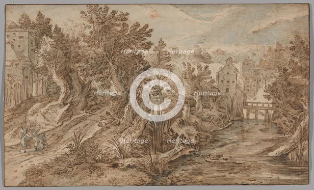Village Scene with a River and Wooden Bridge, 1595/1600. Creator: Pieter Stevens.