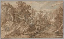 Village Scene with a River and Wooden Bridge, 1595/1600. Creator: Pieter Stevens