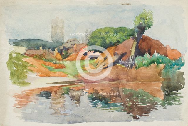 Village scene with pond, c1875-1944. Creator: George Clausen.