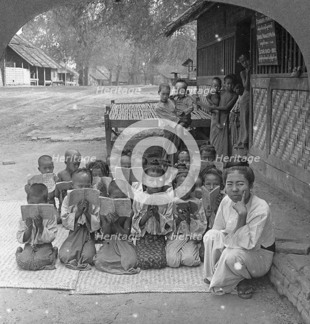 Village school and teacher, Amarapura, Burma, 1908. Artist: Stereo Travel Co