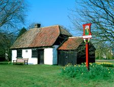 Village sign and smithy, Thriplow, Cambridgeshire. Creator: Peter Thompson