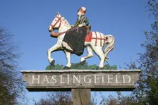 Village sign, Haslingfield, Cambridgeshire. Creator: Peter Thompson