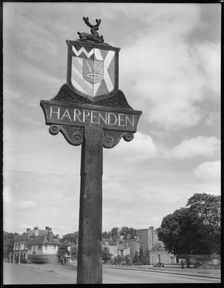 Village Sign, St Albans Road, Harpenden, St Albans, Hertfordshire, 1945-1960. Creator: Margaret F Harker