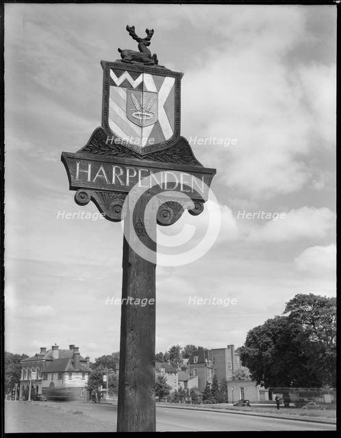 Village Sign, St Albans Road, Harpenden, St Albans, Hertfordshire, 1945-1960. Creator: Margaret F Harker.