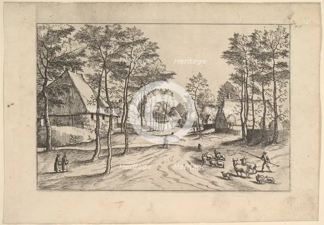 Village Street, cattle, sheep and herdsman in the foreground from Praediorum villar..., ca. 1559-61. Creator: Johannes van Doetecum I.
