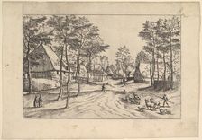 Village Street, cattle, sheep and herdsman in the foreground from Praediorum villar..., ca. 1559-61. Creator: Johannes van Doetecum I