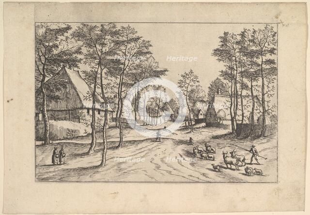 Village Street, cattle, sheep and herdsman in the foreground from Praediorum villar..., ca. 1559-61. Creator: Johannes van Doetecum I.