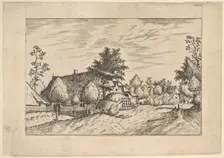 Village Street, hay stacked in front of a farm from Praediorum villarum et rusticar..., ca. 1559-61. Creator: Johannes van Doetecum I