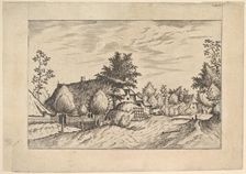 Village Street, hay stacked in front of a farm from Praediorum villarum et rusticar..., ca. 1559-61. Creator: Johannes van Doetecum I