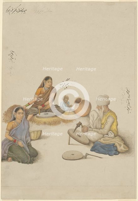 Villagers Grinding Corn, page from the Fraser Album, Company School, c. 1820. Creator: Unknown.