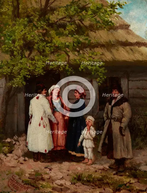 Villagers in Front of a Cottage, 1885. Creator: Stanislaw Szembek.
