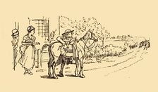 Villagers watch the hue and cry, 1878, (c1918). Creator: Randolph Caldecott