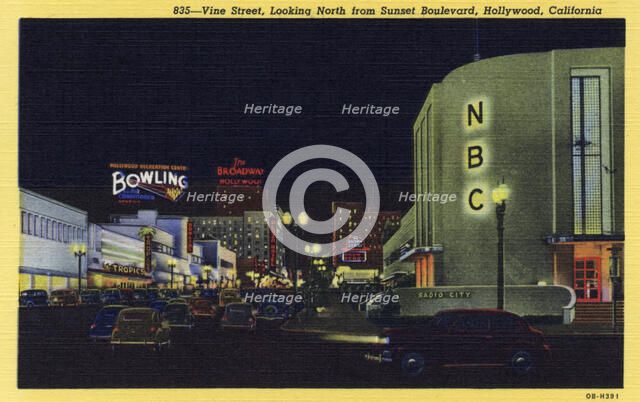 Vine Street, looking north from Sunset Boulevard, Hollywood, California, USA, 1940. Artist: Unknown